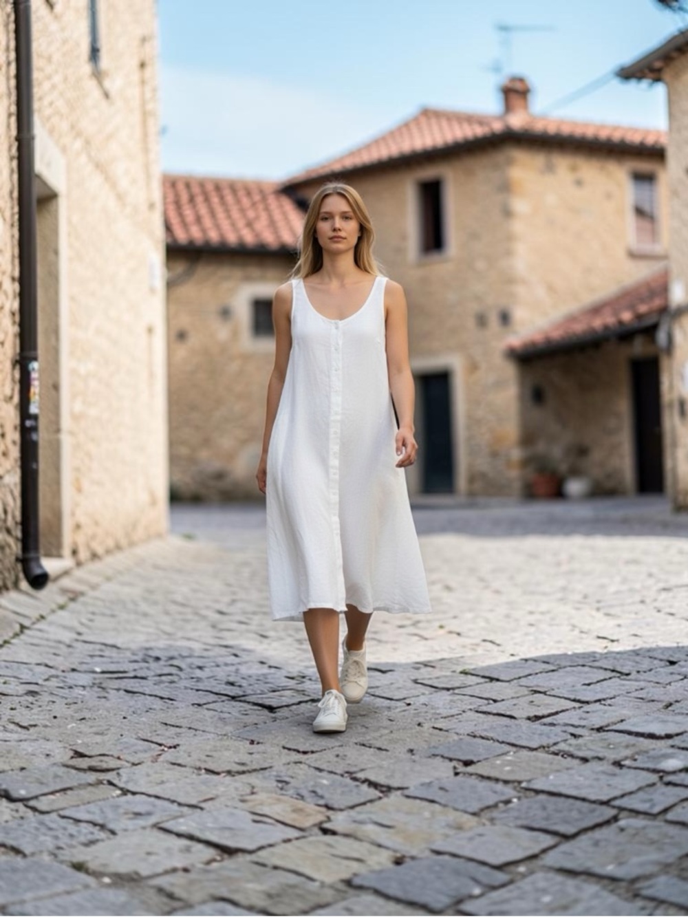 Eileen Fisher White Sleeveless Button-Down Midi Dress